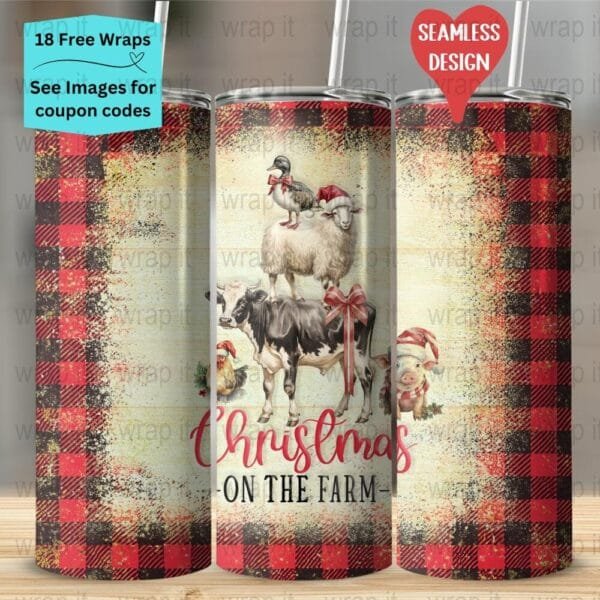 Farm Christmas Cow Chicken Pig Seamless Tumbler Wrap PNG, Sublimation Tumbler, 20 oz Skinny Tumbler, Instant Download, Cottagecore png Farm
