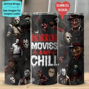Horror Movies Chill Halloween Seamless Tumbler Wrap PNG, Sublimation Tumbler, 20 oz Skinny Tumbler, Instant Download, Jason Myers Freddy