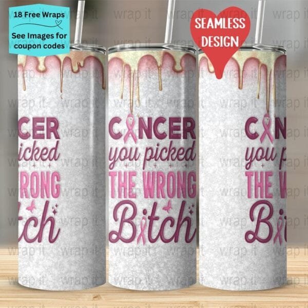 Pink Breast Cancer Bitch October Ribbon Seamless Tumbler Wrap PNG, Sublimation Tumbler, 20 oz Skinny Tumbler, Instant Download Cancer Ribbon