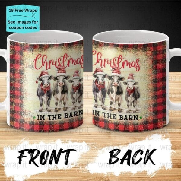 Christmas Cows Heifer Red Plaid Mug Sublimation Wrap PNG, 11 oz 15 oz Coffee Mug Design, Enamel Camp Cup Sublimation, Instant Download mug