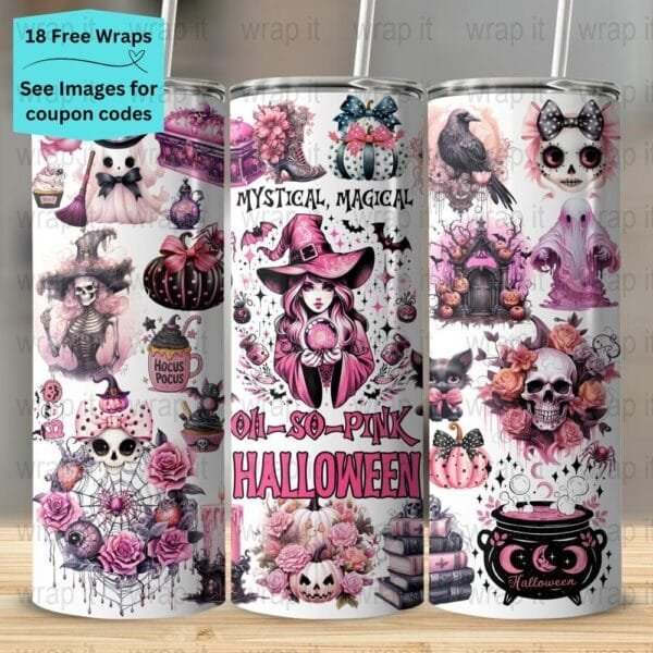 Pink Halloween Witch Pumpkins Boo Seamless Tumbler Wrap PNG, Sublimation Tumbler, 20 oz Skinny Tumbler, Instant Download, Magic Witchy Vibe