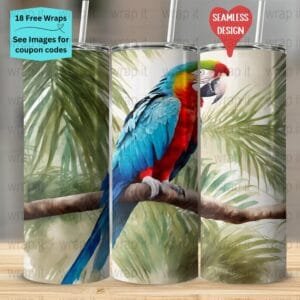 Tropical Macaw Parrot Jungle Seamless Tumbler Wrap PNG, Sublimation Tumbler, 20 oz Skinny Tumbler, Instant Download, Love Birds Tumbler