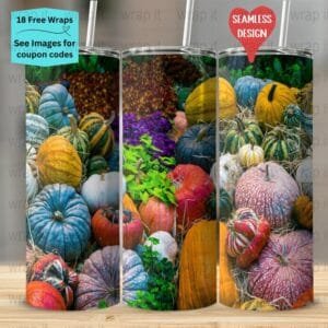 Colorful Fall Gourds Seamless Tumbler Wrap PNG, Sublimation Tumbler, 20 oz Skinny Tumbler, Instant Download, Pumpkin Patch png, Halloween