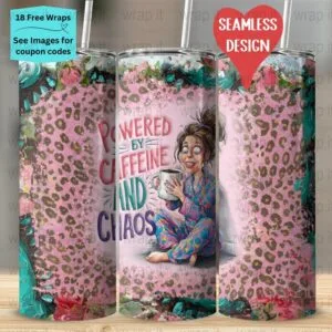 Funny Mom Caffeine Chaos Seamless Tumbler Wrap PNG, Sublimation Tumbler, 20 oz Skinny Tumbler, Instant Download, Mama Chaos png, Funny Bitch