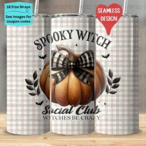 Funny Halloween Spooky Witch Social Club Pumpkin Seamless Tumbler Wrap PNG, Sublimation Tumbler, 20 oz Skinny Tumbler, Pumpkin Bow png