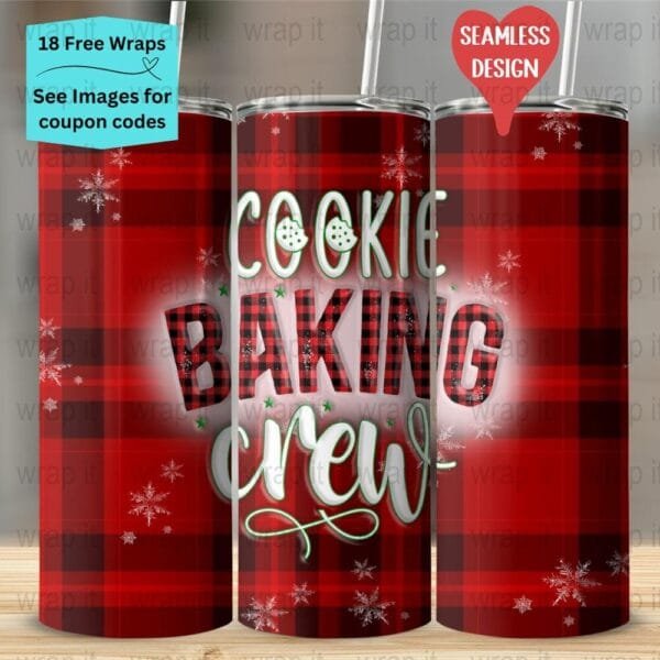 Cookie Baking Crew Christmas Seamless Tumbler Wrap PNG, Sublimation Tumbler, 20 oz Skinny Tumbler, Instant Download, Bake Tumbler Wrap