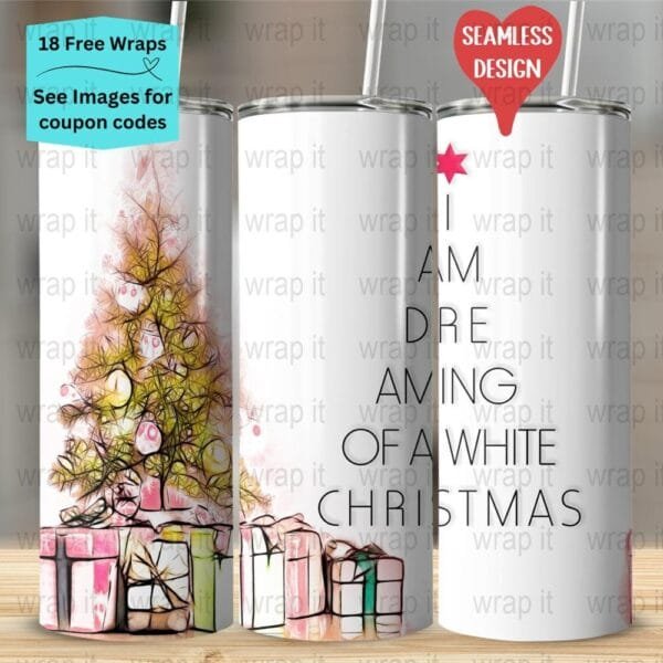 White Christmas Gifts Tree Star Seamless Tumbler Wrap PNG, Sublimation Tumbler, 20 oz Skinny Tumbler, Instant Download, Dreaming White