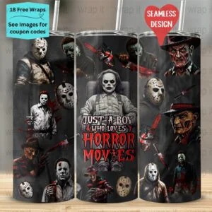 Halloween Boy Loves Horror Movies Seamless Tumbler Wrap PNG, Sublimation Tumbler, 20 oz Skinny Tumbler, Instant Download, Freddy Jason Myers