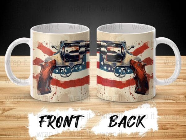 USA Flag Gun 2nd Amendment Mug Sublimation Wrap PNG, 11 oz 15 oz Coffee Mug Design, Enamel Camp Cup Sublimation, Instant Download, Pistol