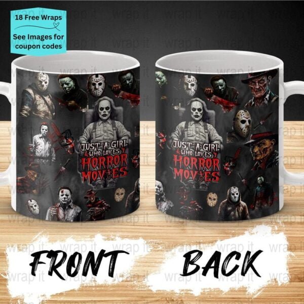 Halloween Girl Loves Horror Movies Mug Sublimation Wrap PNG, 11 oz 15 oz Coffee Mug Design, Enamel Camp Cup Sublimation, Instant Download