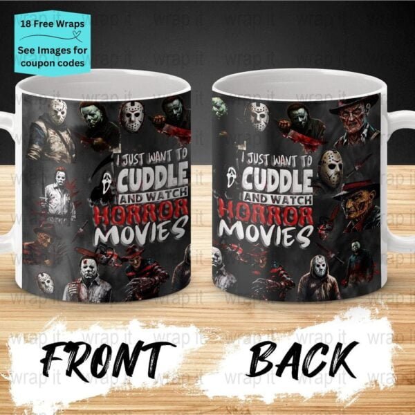 Halloween Horror Movies Cuddle Mug Sublimation Wrap PNG, 11 oz 15 oz Coffee Mug Design, Enamel Camp Cup Sublimation, Instant Download mug