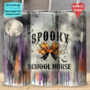 Halloween Spooky School Nurse Croquette Bow Pumpkin Seamless Tumbler Wrap PNG, Sublimation Tumbler, 20 oz Skinny Tumbler, Instant Download