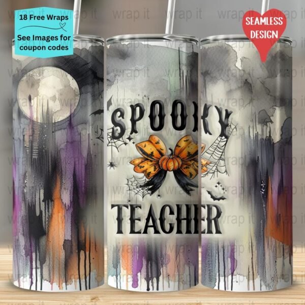 Halloween Spooky Teacher Croquette Bow Pumpkin Seamless Tumbler Wrap PNG, Sublimation Tumbler, 20 oz Skinny Tumbler, Instant Download