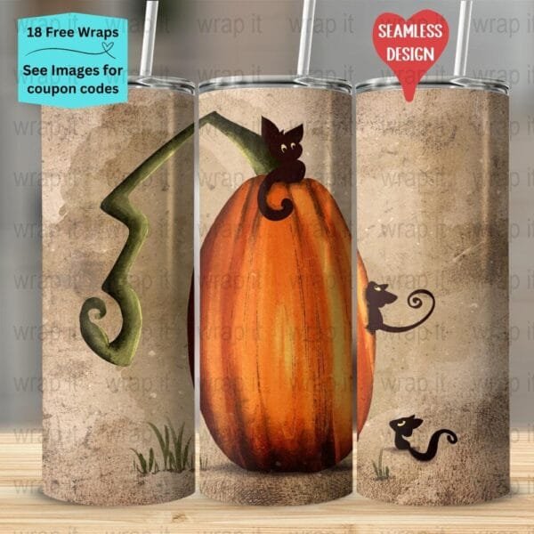 Black Cats Pumpkin Fall Halloween Seamless Tumbler Wrap PNG, Sublimation Tumbler, 20 oz Skinny Tumbler, Instant Download, Autumn Pumpkins