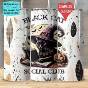 Halloween Fall Black Cat Social Club Mid Century Seamless Tumbler Wrap PNG, Sublimation Tumbler, 20 oz Skinny Tumbler, Instant Download Leaf