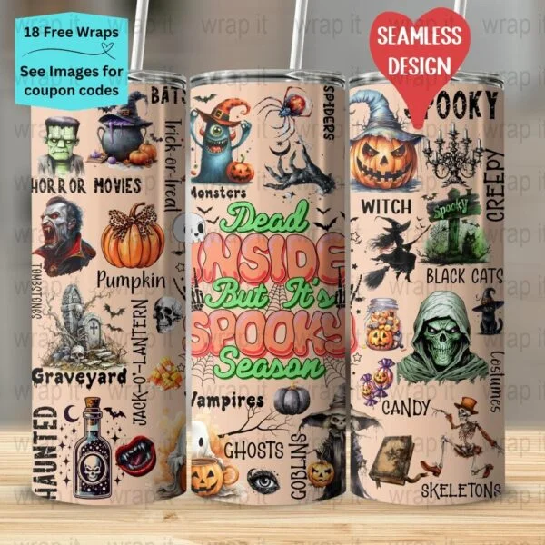 Halloween Dead Inside Spooky Season Pumpkins Seamless Tumbler Wrap PNG, Sublimation Tumbler, 20 oz Skinny Tumbler, Ghosts Skeletons Creepy
