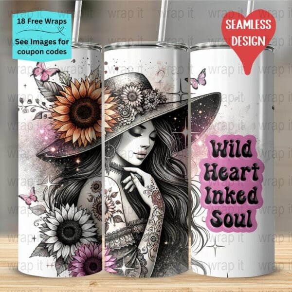 Wild Sassy Boho Girl Tattoos Inked Hippie Seamless Tumbler Wrap PNG, Sublimation Tumbler, 20 oz Skinny Tumbler, Sunflowers Butterflies png