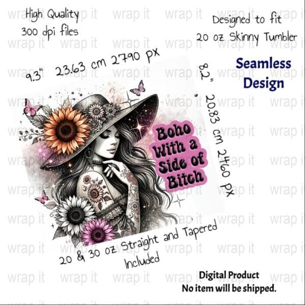 Boho Bitch Girl Sunflowers Hippie Seamless Tumbler Wrap PNG, Sublimation Tumbler, 20 oz Skinny Tumbler, Tattoos Butterflies Flowers - Image 2