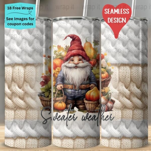 Gnome Sweater Weather Fall Autumn Leaves Pumpkins Seamless Tumbler Wrap PNG, Sublimation Tumbler, 20 oz Skinny Tumbler, Instant Download