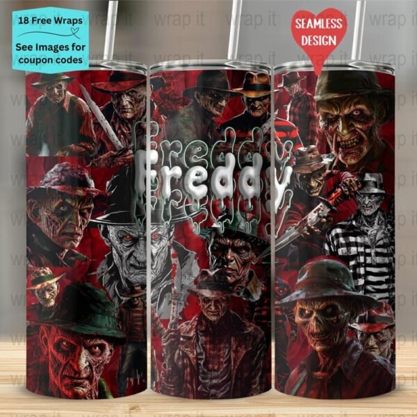 Halloween Horror Freddy Movies Seamless Tumbler Wrap PNG, Sublimation Tumbler, 20 oz Skinny Tumbler, Instant Download, Spooky Season