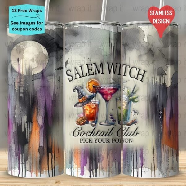Halloween Salem Witch Pick Your Poison Cocktail Seamless Tumbler Wrap PNG, Sublimation Tumbler, 20 oz Skinny Tumbler, Instant Download