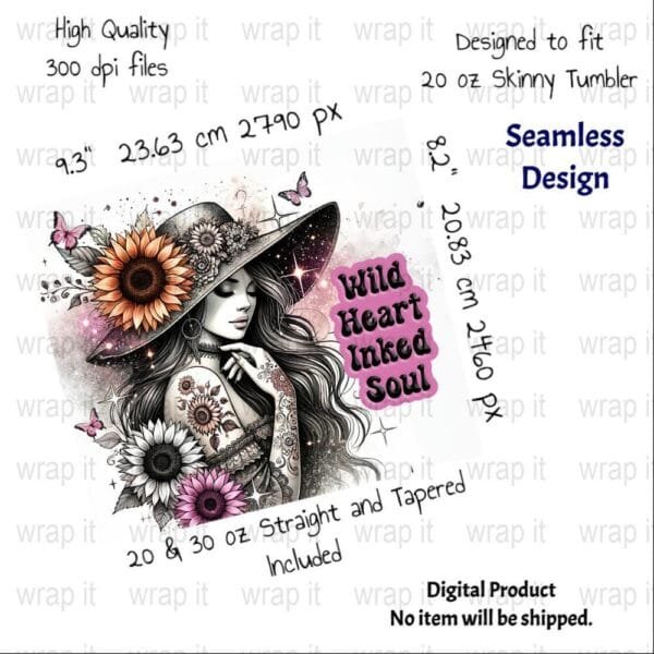 Wild Sassy Boho Girl Tattoos Inked Hippie Seamless Tumbler Wrap PNG, Sublimation Tumbler, 20 oz Skinny Tumbler, Sunflowers Butterflies png - Image 2