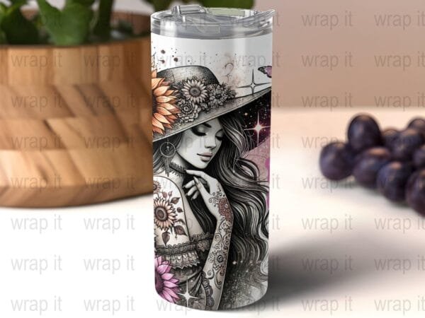 Boho Bitch Girl Sunflowers Hippie Seamless Tumbler Wrap PNG, Sublimation Tumbler, 20 oz Skinny Tumbler, Tattoos Butterflies Flowers - Image 3