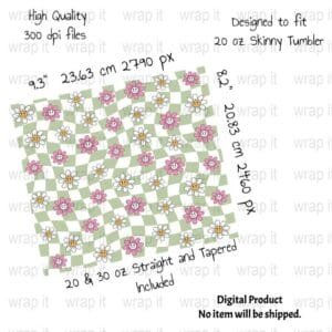 Retro Flowers Checkerboard Smile Tumbler Wrap PNG, Sublimation Tumbler, 20 oz Skinny Tumbler, Checkerboard Groovy Hippie Hippy Wrap