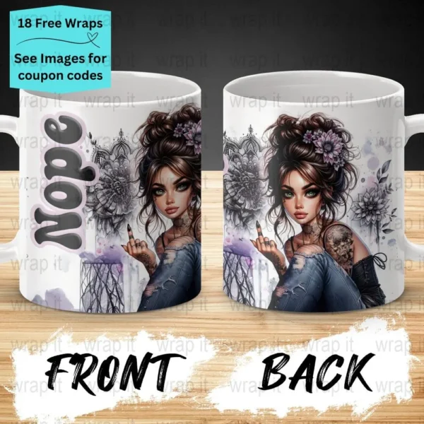 Sarcastic Bitch Nope Middle Finger Hippy Mug Sublimation Wrap PNG, 11 oz 15 oz Coffee Mug Design, Enamel Camp Cup Sublimation, Tattoos Boho