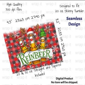 Funny Reinbeer Christmas Buffalo Plaid Tumbler Wrap Sublimation, 20 oz Skinny Wrap, 30 oz Tumbler, Holiday png