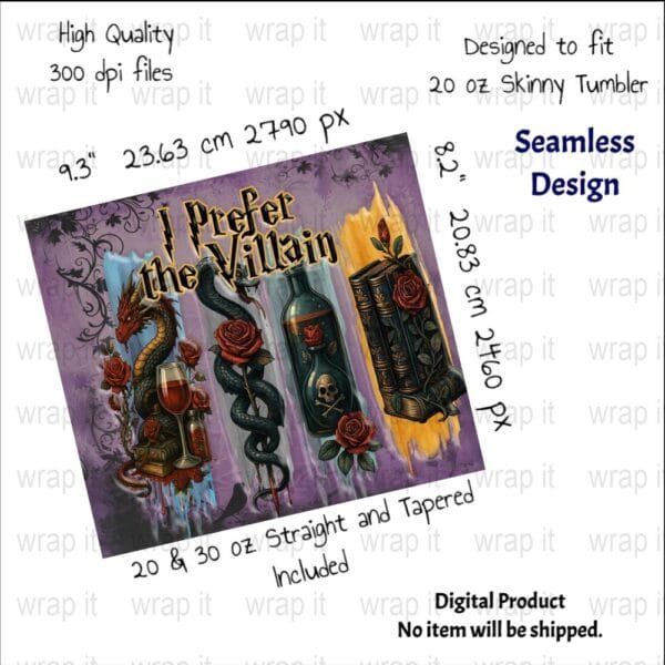 Gothic Book Romance Novel Prefer Villain Sublimation PNG, 20 oz 30 oz Skinny Wrap, Tumbler Wrap Sublimation, Love Books Reading Villains - Image 2